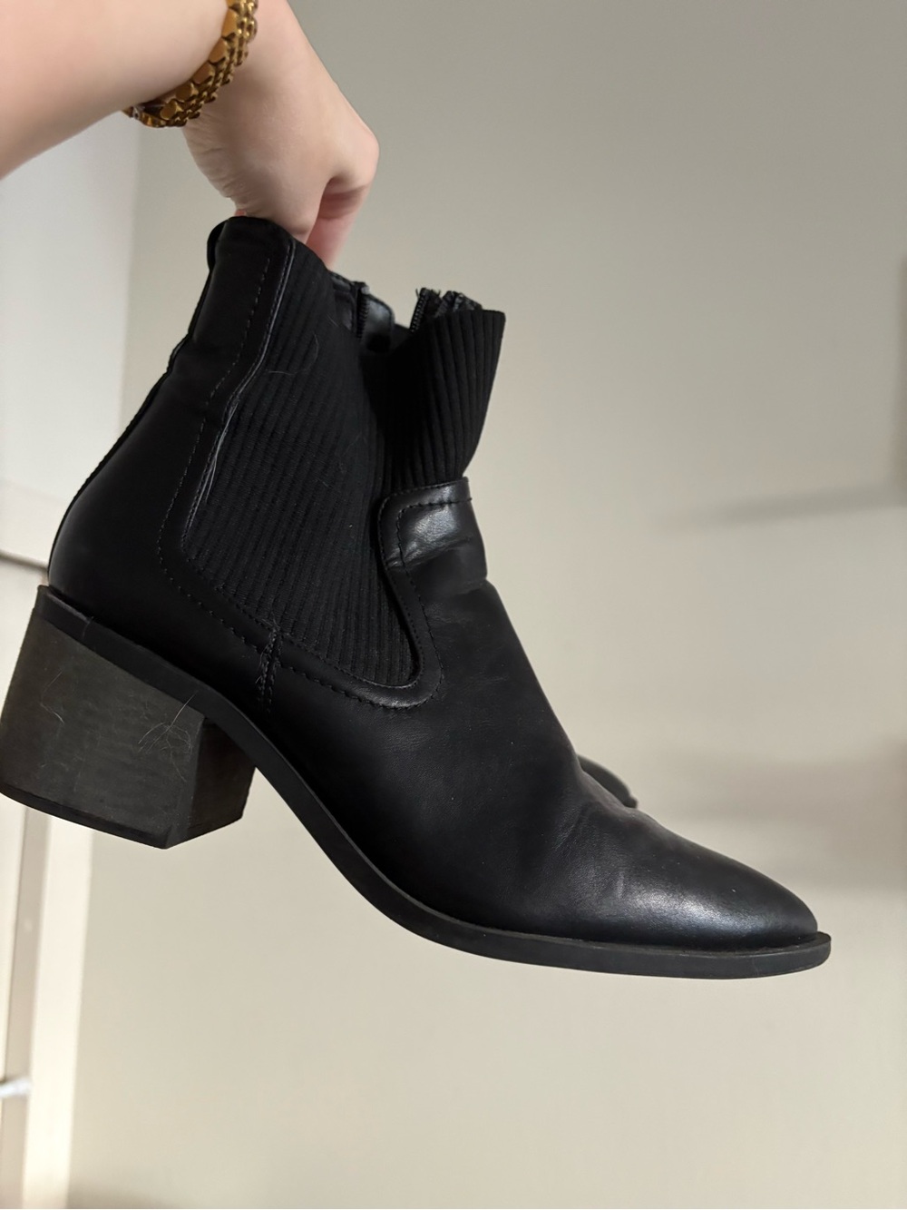 Anne Klein Black Leather Block Heel Ankle Sock Boots Pointed Toe